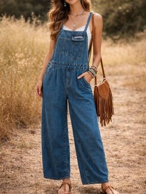 Vintage Y2K Denim Overalls Wide Leg Raw Hem Boho Festival Medium